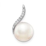 14k White Gold 9-10mm White Button Freshwater Cultured Pearl and Diamond Chain Slide