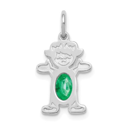 14K White Gold Girl Charm 6x4 Oval Genuine Emerald-May