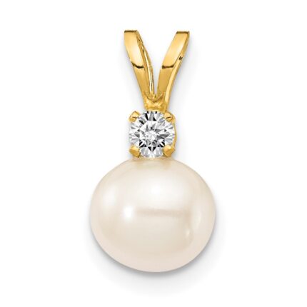 14k 6-7mm Near Round White Freshwater Cultured Pearl and AA Diamond Pendant