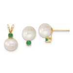 14k 7-8mm White Round Freshwater Cultured Pearl and .21EM Emerald Post Earrings and Pendant Set