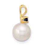 14k 7-8mm White Round Freshwater Cultured Pearl and .30SA Sapphire Post Earrings and Pendant Set - Image 2