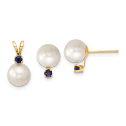 14k 7-8mm White Round Freshwater Cultured Pearl and .30SA Sapphire Post Earrings and Pendant Set