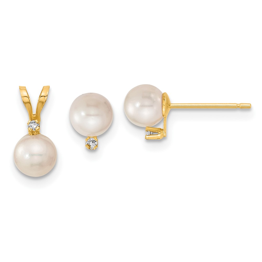 XF398SET.jpg 14k 5-6mm White Round Akoya Saltwater Cultured Pearl and .03 Carat Diamond Post Earrings and Pendant Set - Image 1