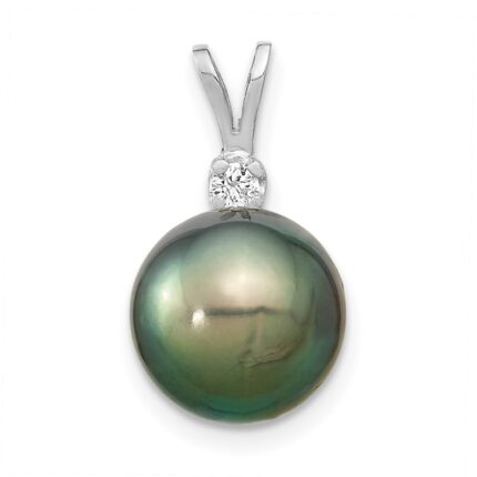 14k White Gold 10-11mm Round Black Tahitian Saltwater Cultured Pearl and  .05 Carat Diamond Pendant