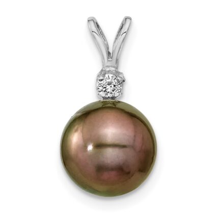 14k White Gold 9-10mm Black Round Tahitian Saltwater Cultured Pearl and .05 Carat Diamond Pendant