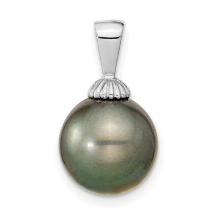 14k White Gold 10-11mm Black Round Tahitian Saltwater Cultured Pearl Pendant