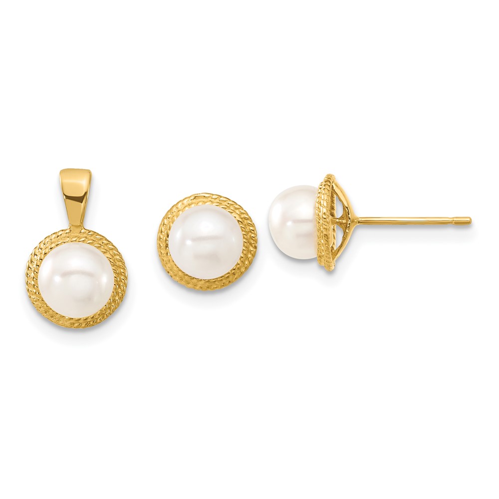 XF629SET.jpg 14k 5-6mm White Button Freshwater Cultured Pearl Post Earrings and Pendant Set - Image 1