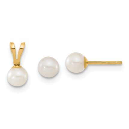 14k Children's 4-5mm White Round Freshwater Cultured Pearl Pendant and Post Earrings Set