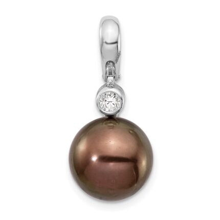 14k White Gold 10-11mm Black Round Tahitian Saltwater Cultured Pearl and .07 Carat Diamond Pendant