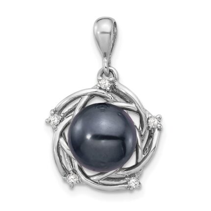 14k White Gold 8-9mm Black Round Tahitian Saltwater Cultured Pearl and .075 Carat Diamond Pendant