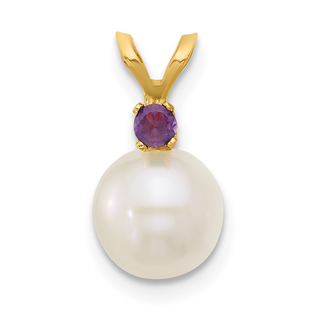 XF741_AM.jpg 14k 7-7.5mm White Round Freshwater Cultured Pearl and .07AM Amethyst Pendant - Image 1