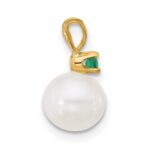 14k 7-7.5mm White Round Freshwater Cultured Pearl and .09EM Emerald Pendant - Image 2