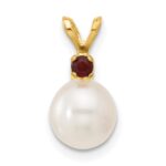 14k 7-7.5mm White Round Freshwater Cultured Pearl and .09GA Garnet Pendant