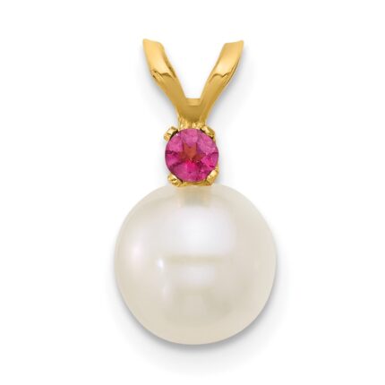 14k 7-7.5mm White Round Freshwater Cultured Pearl and .07PT Pink Topaz Pendant