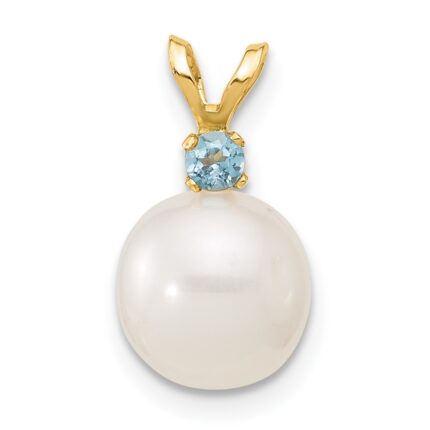 14k 8-8.5mm White Round Freshwater Cultured Pearl and .09BT Blue Topaz Pendant