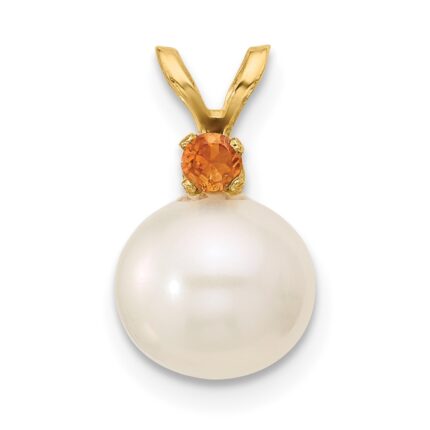 14k 8-8.5mm White Round Freshwater Cultured Pearl and .09CI Citrine Pendant