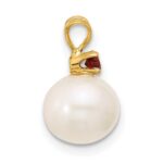 14k 8-8.5mm White Round Freshwater Cultured Pearl and .09GA Garnet Pendant - Image 2