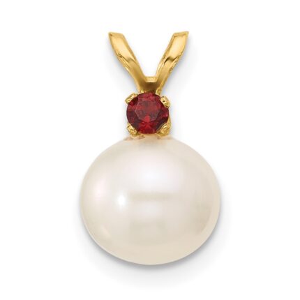 14k 8-8.5mm White Round Freshwater Cultured Pearl and .09GA Garnet Pendant