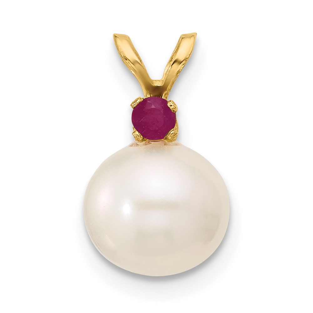 XF742_R.jpg 14k 8-8.5mm White Round Freshwater Cultured Pearl and .09RU Ruby Pendant - Image 1