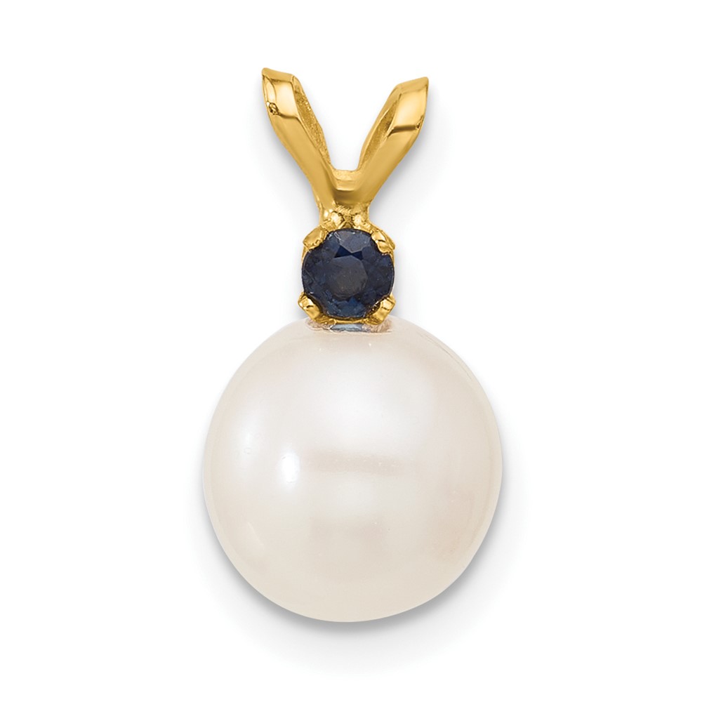 XF742_S.jpg 14k 8-8.5mm White Round Freshwater Cultured Pearl and .09SA Sapphire Pendant - Image 1