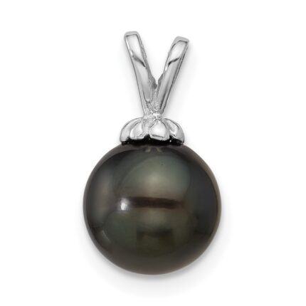 14k White Gold 8-9mm Round Black Tahitian Saltwater Cultured Pearl Pendant