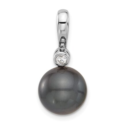 14k White Gold 11-12mm Black Round Tahitian Saltwater Cultured Pearl and .05 Carat Diamond Pendant