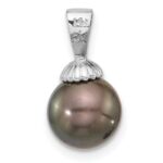 14K White Gold 8-9mm Round Black Tahitian Saltwater Cultured Pearl Pendant - Image 3