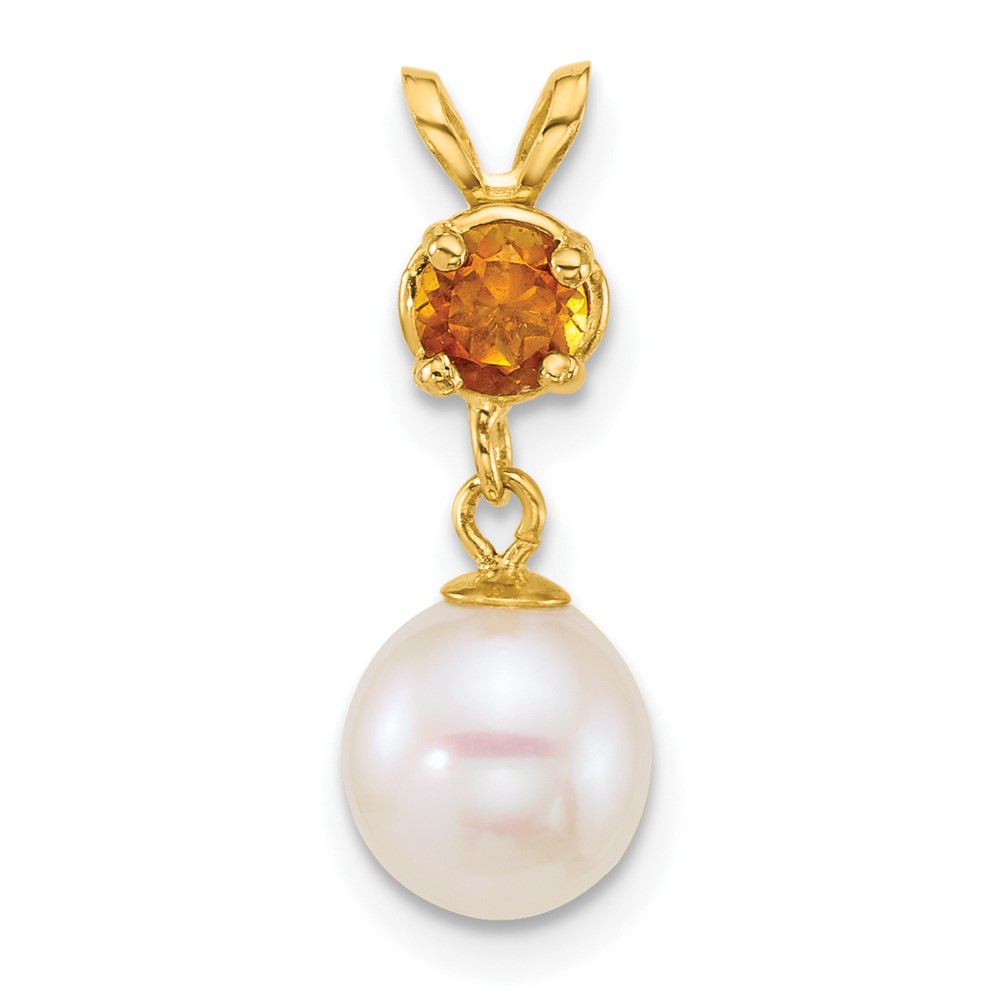 XF878_CI.jpg 14k Polished 7-8mm Round White Freshwater Cultured Pearl Dangle and Citrine Pendant - Image 1