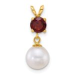 14k Polished 7-8mm Round White Freshwater Cultured Pearl Dangle and Garnet Pendant