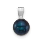 14k White Gold Polished 7-8mm Round Black Freshwater Cultured Pearl Pendant