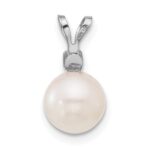 14k White Gold 7-8mm White Round Akoya Saltwater Cultured Pearl and .05 Carat Diamond Pendant - Image 4