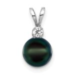 14k White Gold 7-8mm Black Round Akoya Saltwater Cultured Pearl and 1/20 Carat Diamond Pendant