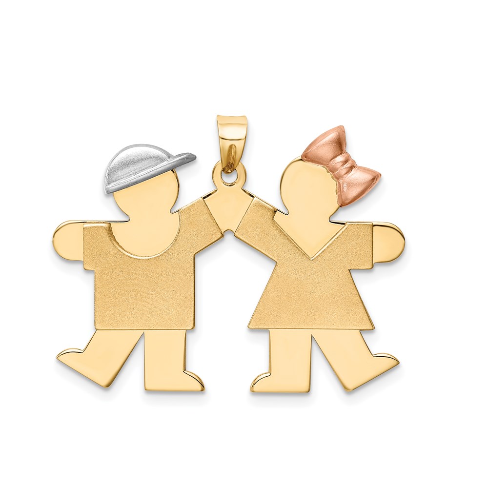 XK104.jpg 14k Tri-color The Kids Medium Boy on Left and Girl on Right Engravable Kiss Charm - Image 1