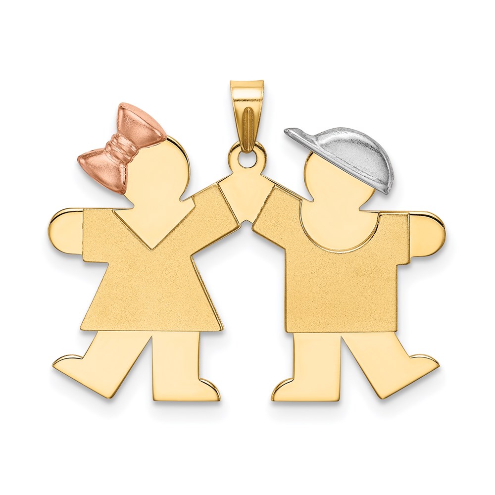XK407.jpg 14k Tri-color The Kids Small Girl on Left and Boy on Right Engravable Kiss Charm - Image 1