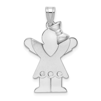 14k White Gold The Kids Medium Girl with Ruffles and Bow on Right AA Diamond Love Charm