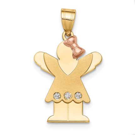 14k Two-tone The Kids Small Girl with Ruffles and Bow on Right AA Diamond Love Pendant