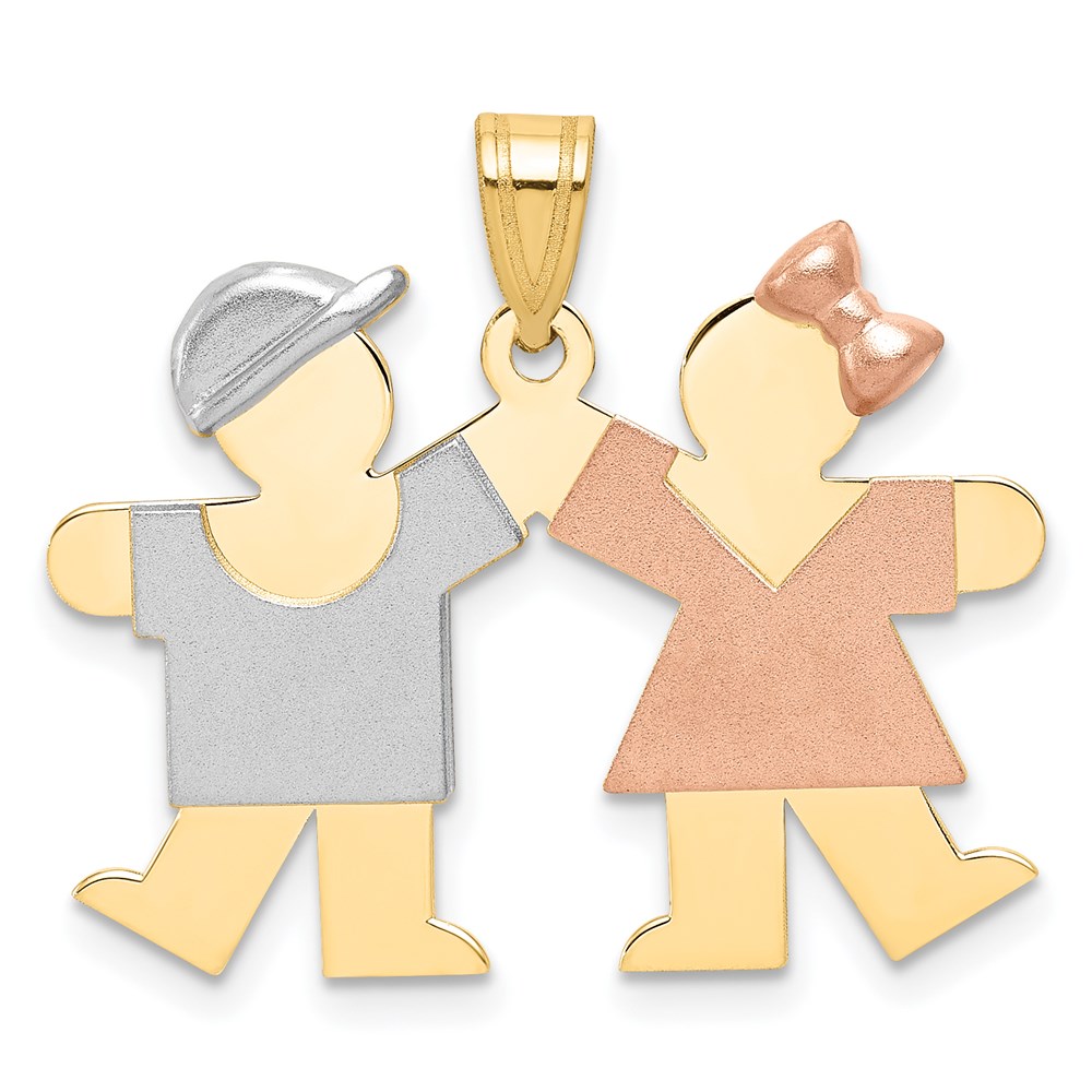 XK731X.jpg 14k Tri-color The Kids Small Boy on Left and Girl on Right Engravable Kiss Charm - Image 1