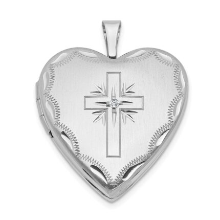 14k White Gold Diamond Satin and Diamond-cut Cross 20mm Heart Locket