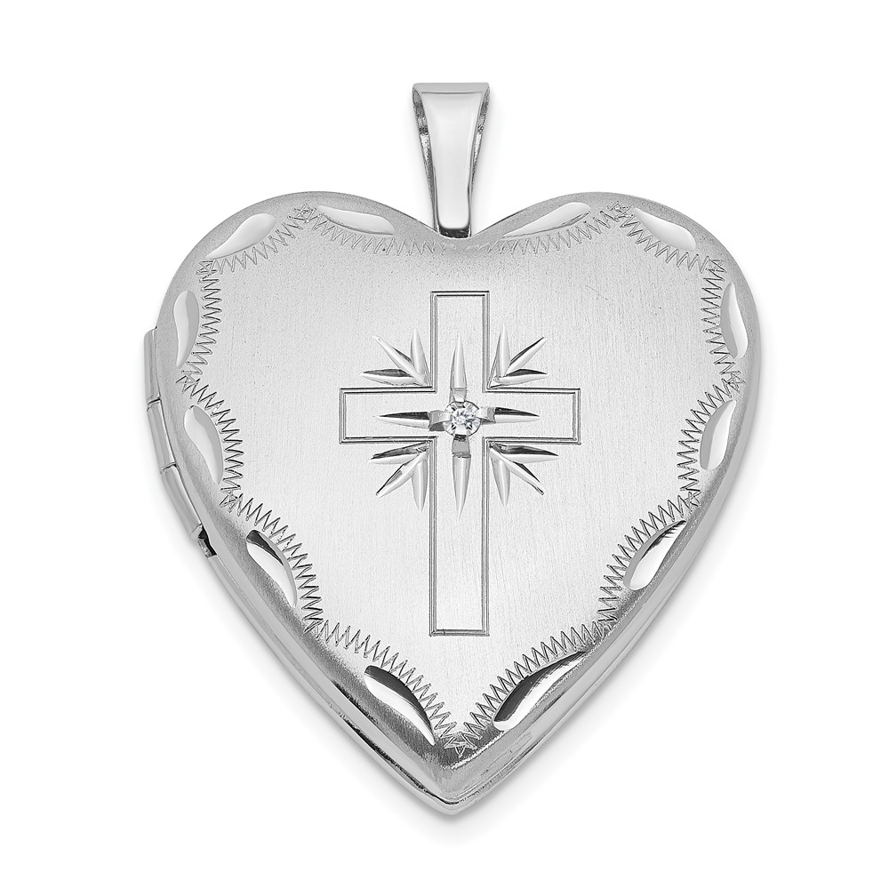 XL585.jpg 14k White Gold Diamond Satin and Diamond-cut Cross 20mm Heart Locket - Image 1