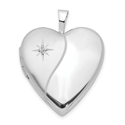 14K White Gold Polished and Satin Diamond Star 20mm Heart Locket