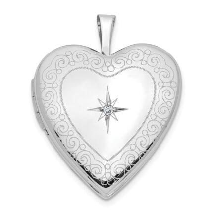 14K White Gold Diamond Star with Side Swirl Edge 20mm Heart Locket