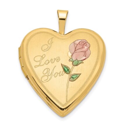 14K Pink and Green Enamel Rose I LOVE YOU Script 20mm Heart Locket