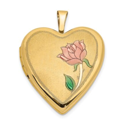 14K Pink and Green Enamel Rose 20mm Heart Locket