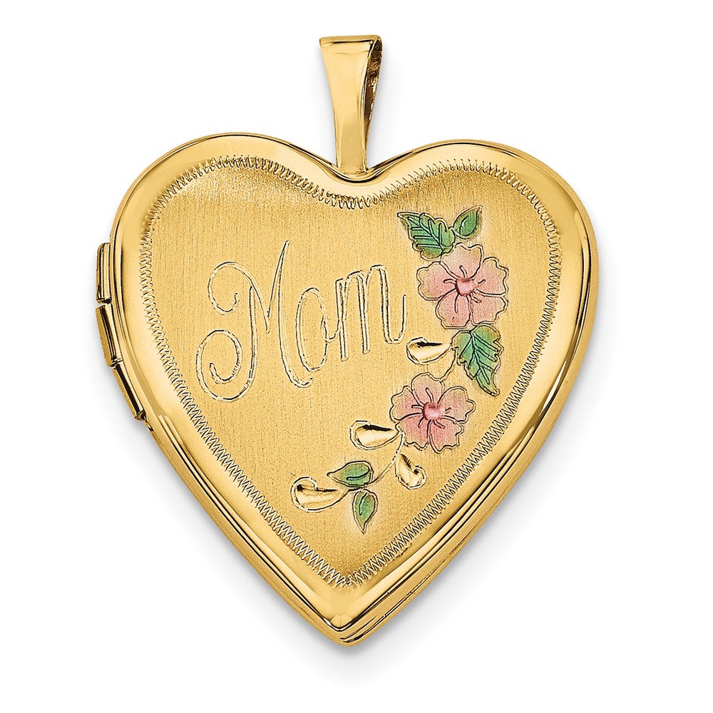 XL612.jpg 14k Pink and Green Enameled Floral MOM Script 20mm Heart Locket - Image 1