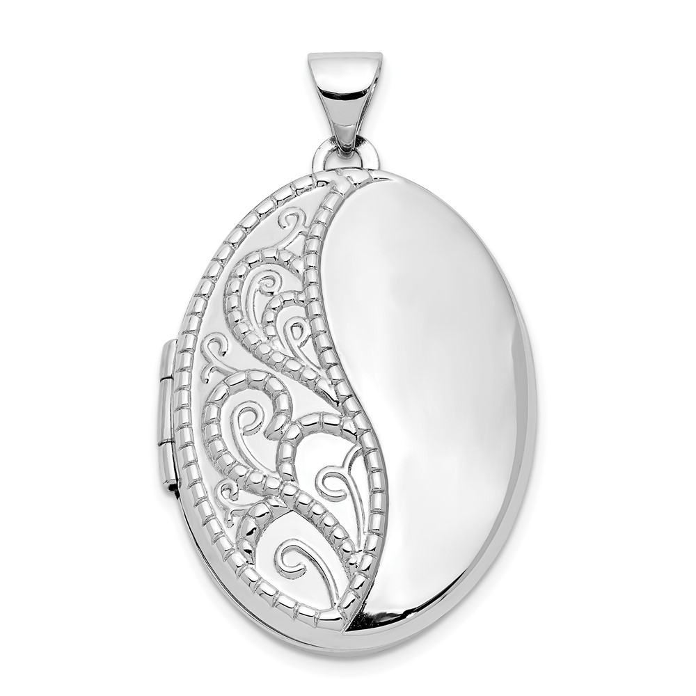 XL624.jpg 14k White Gold Fancy Half Swirl Design 26mm Oval Locket - Image 1