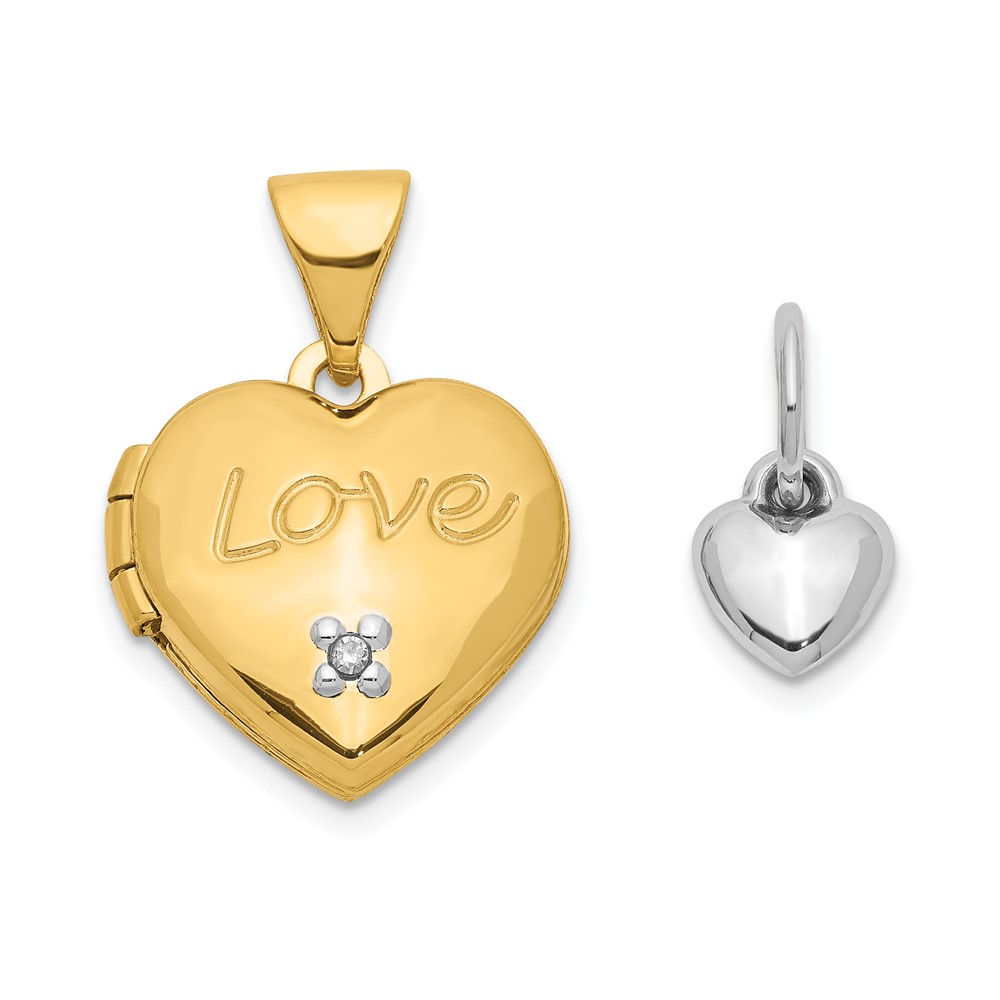 XL635.jpg 14k Two-tone Diamond LOVE with Poem on Reverse with Heart Charm 12mm Heart Locket - Image 1