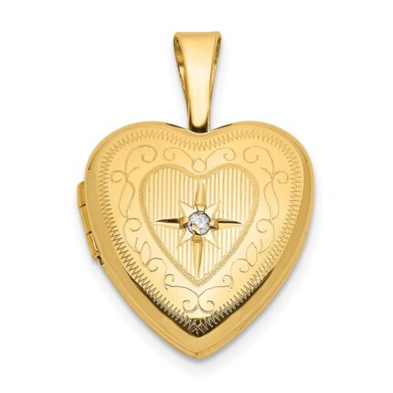 14k Polished Scrolled Border .01ct. Diamond Star 12mm Heart Locket