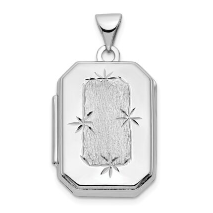 14k White Gold Polished and Brushed Diamond-cut 20x15mm Rectangular Locket