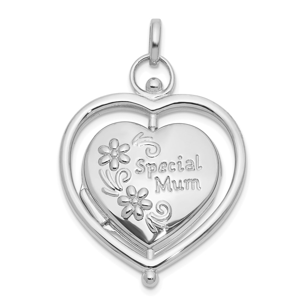 XL861W.jpg 14K White Gold Floral SPECIAL MUM and Tree in Spinning Frame Reversible 15mm Heart Locket - Image 1