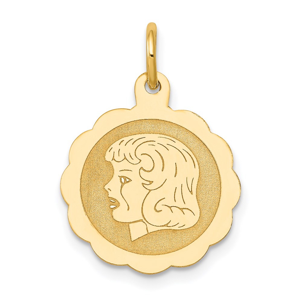 XM68.jpg 14k Girl Head on .013 Gauge 15mm Engravable Scalloped Disc Charm - Image 1